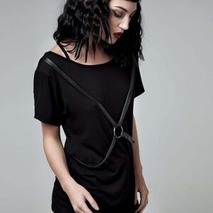 Disturbia black stretchy top with o-ring faux leather harness